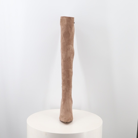 Pointed Toe Knee High Stiletto Heel Boot in Beige Faux Suede, Women’s - Picture 3 of 12